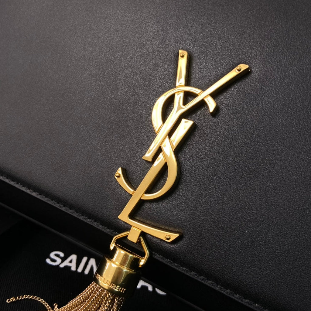 Saint Laurent Kate Tassel 24 Black Calfskin with Gold Logo Bag