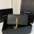 Saint Laurent Kate Tassel 24 Black Calfskin with Gold Logo Bag