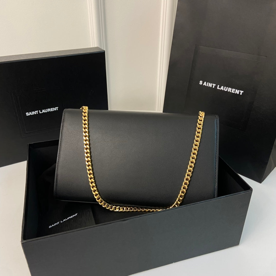 Saint Laurent Kate Tassel 24 Black Calfskin with Gold Logo Bag