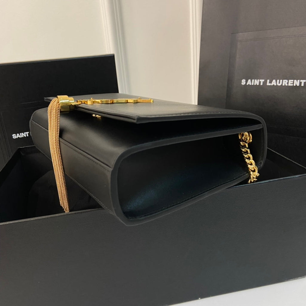 Saint Laurent Kate Tassel 24 Black Calfskin with Gold Logo Bag