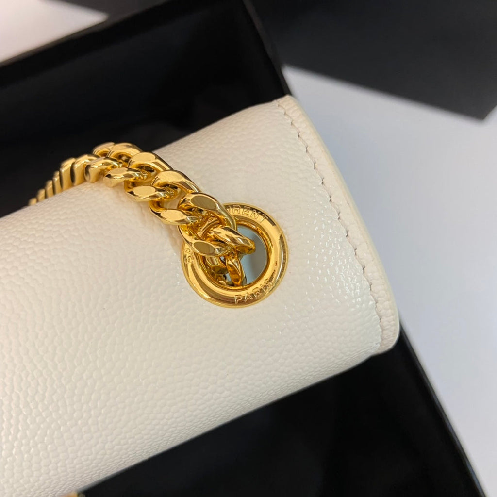 Saint Laurent Kate Tassel 24 White Calfskin with Gold Logo Bag