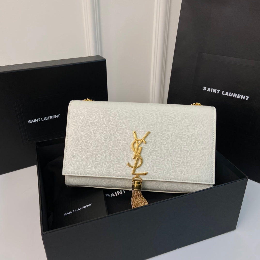 Saint Laurent Kate Tassel 24 White Calfskin with Gold Logo Bag