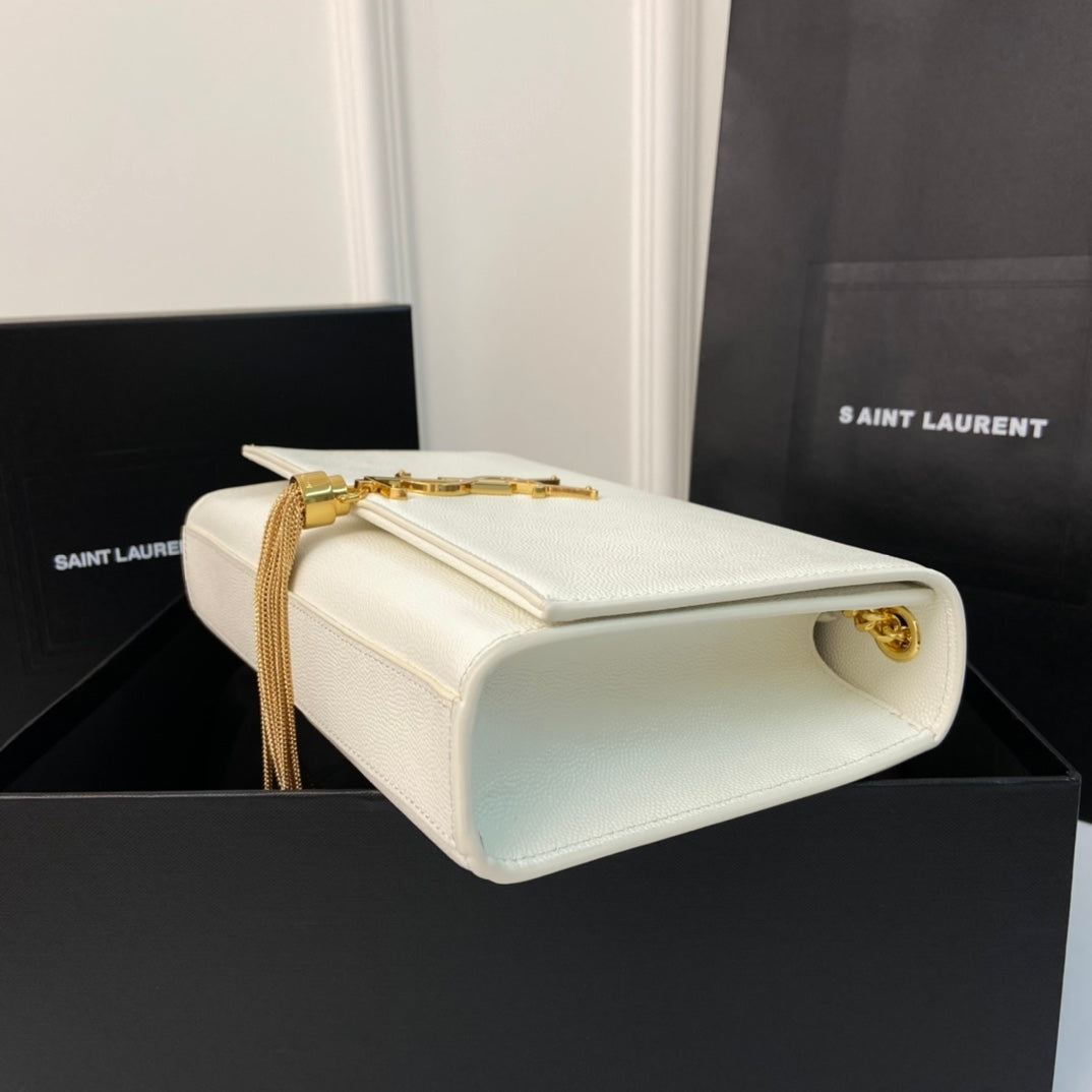 Saint Laurent Kate Tassel 24 White Calfskin with Gold Logo Bag