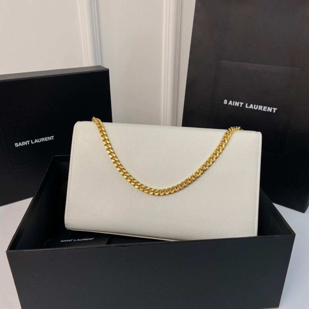 Saint Laurent Kate Tassel 24 White Calfskin with Gold Logo Bag