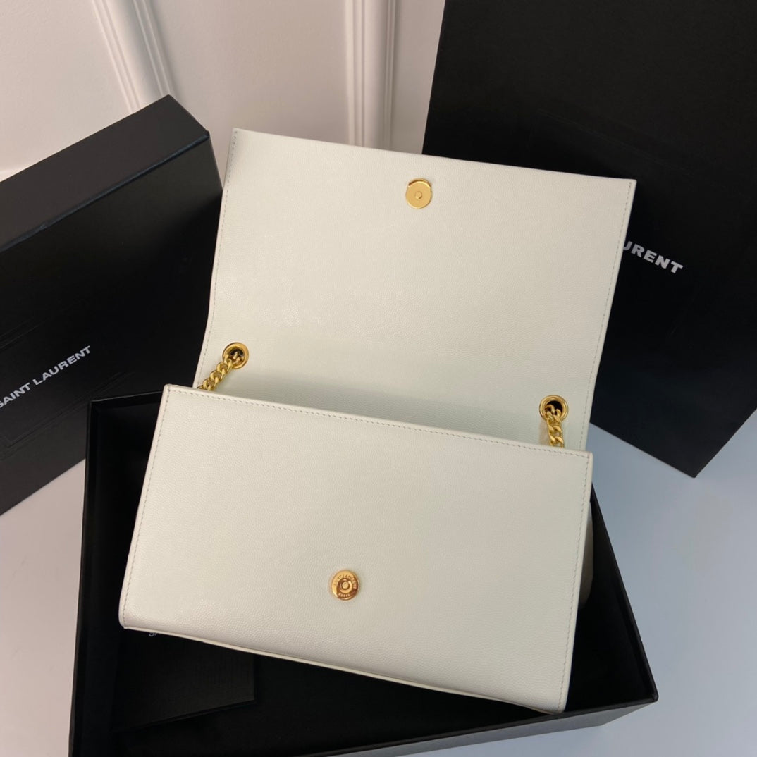 Saint Laurent Kate Tassel 24 White Calfskin with Gold Logo Bag