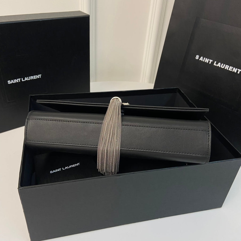 Saint Laurent Kate Tassel 24 Black Calfskin with Silver Logo Bag