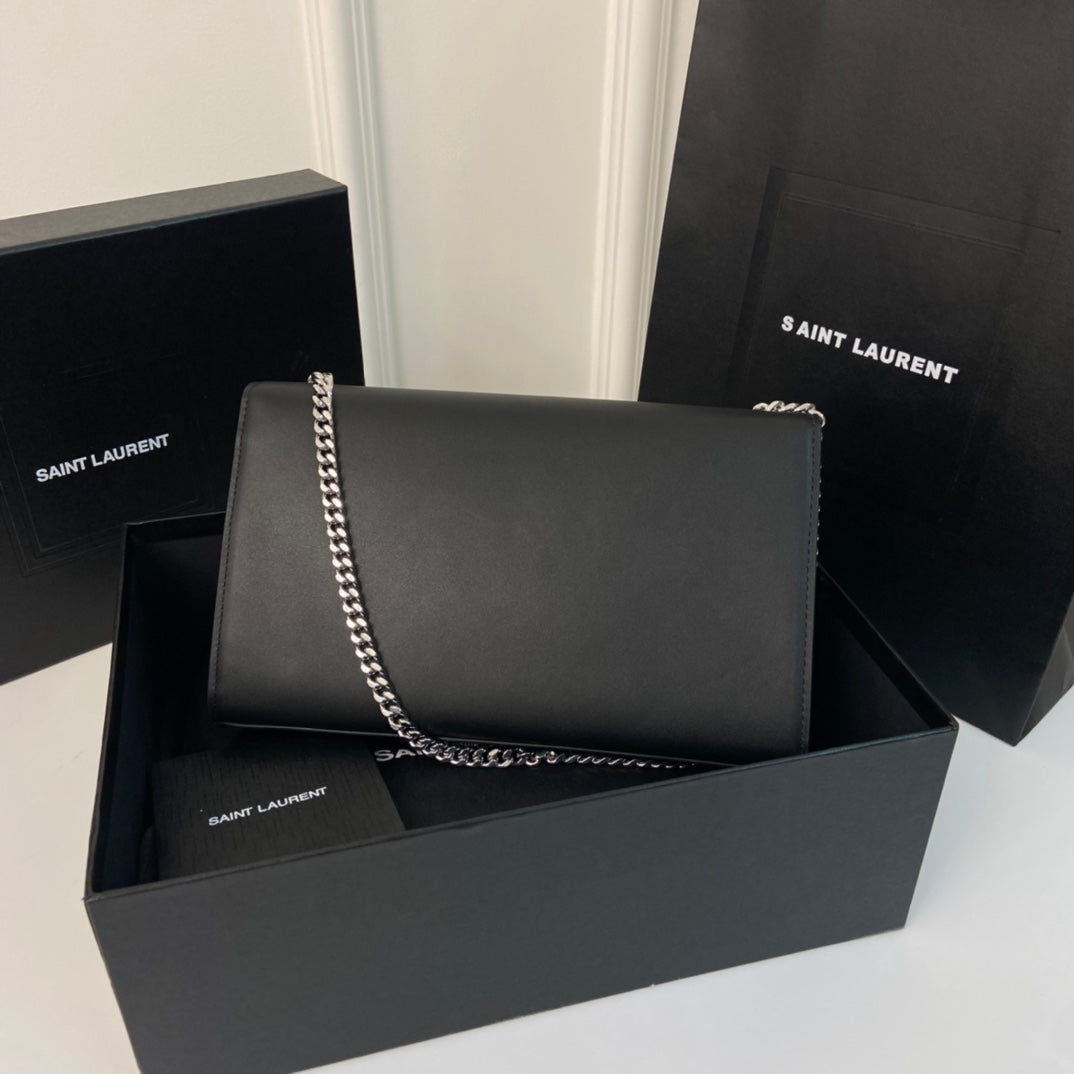 Saint Laurent Kate Tassel 24 Black Calfskin with Silver Logo Bag