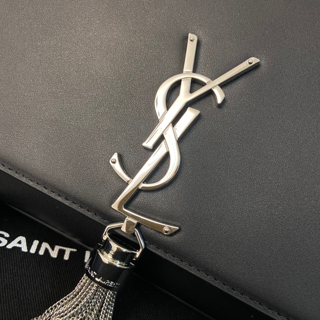 Saint Laurent Kate Tassel 24 Black Calfskin with Silver Logo Bag