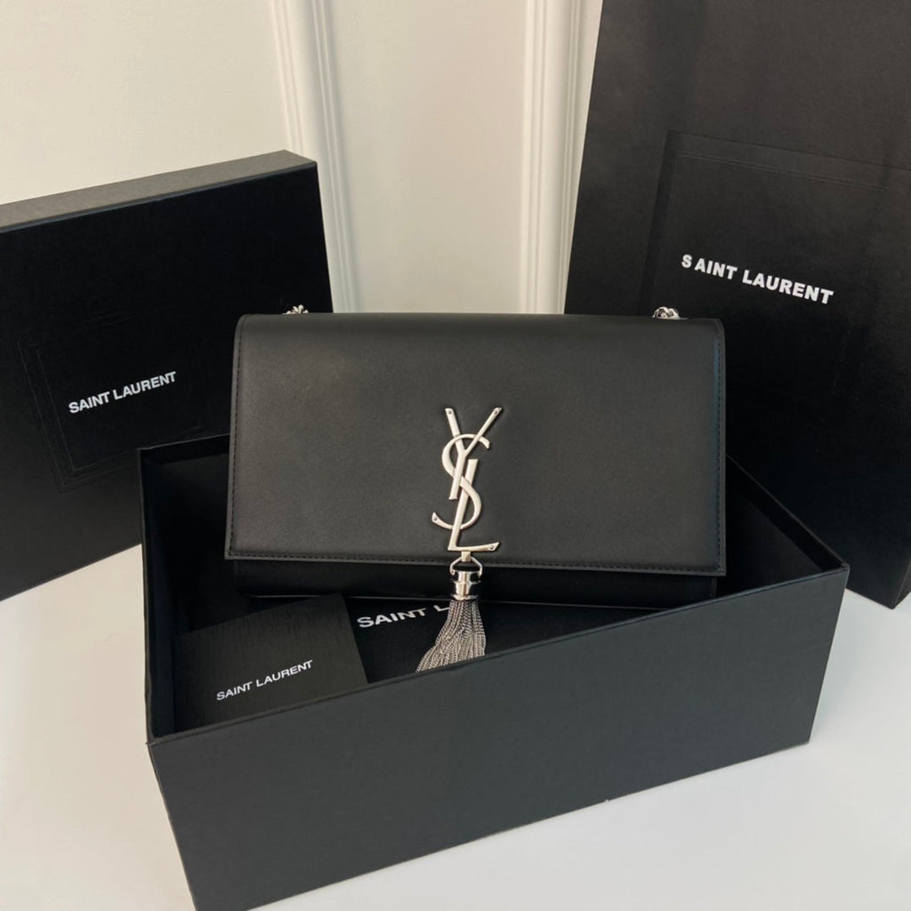 Saint Laurent Kate Tassel 24 Black Calfskin with Silver Logo Bag