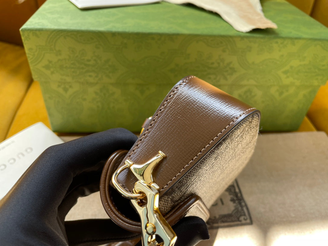 Gucci 12 Horsebit 1955 Super Mini Bag Beige Canvas and Ebony Calfskin