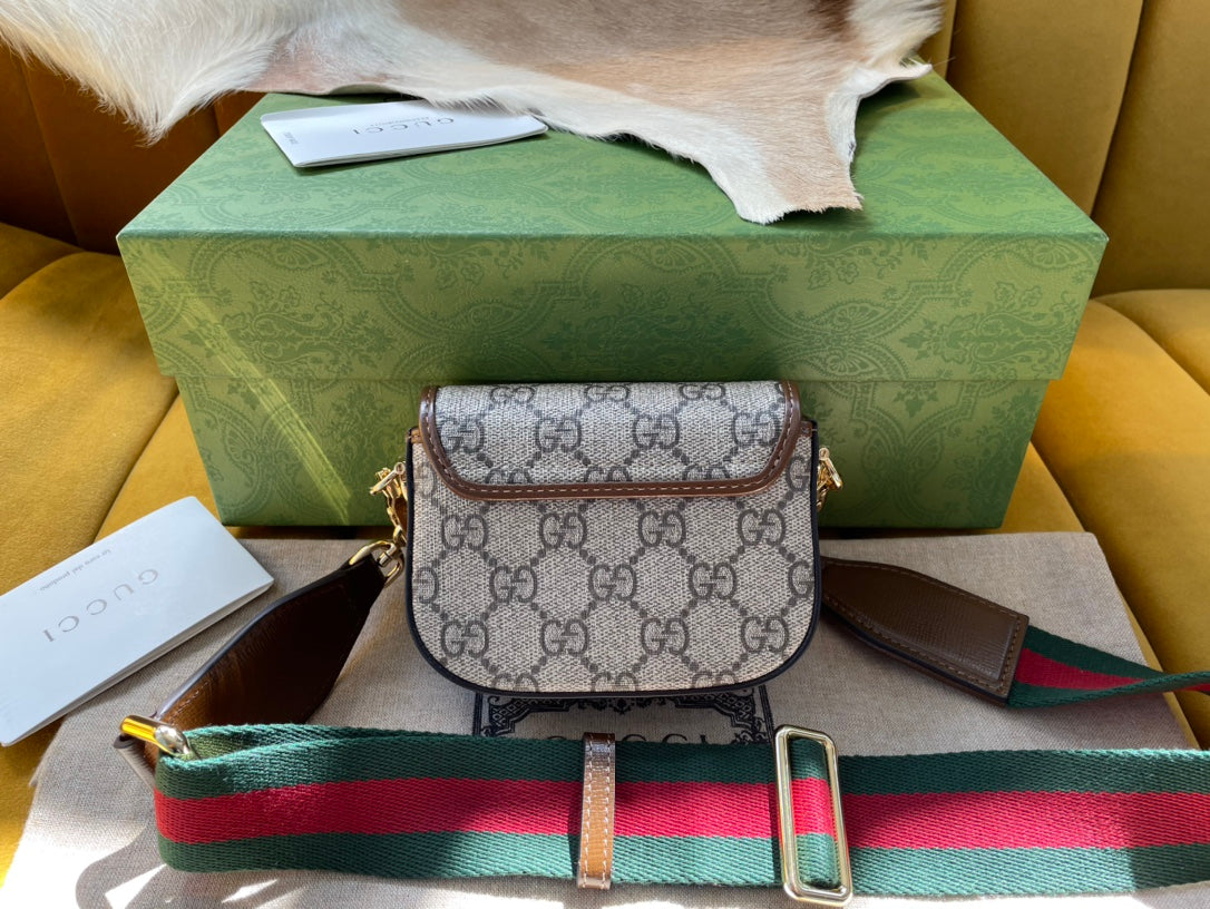 Gucci 12 Horsebit 1955 Super Mini Bag Beige Canvas and Ebony Calfskin