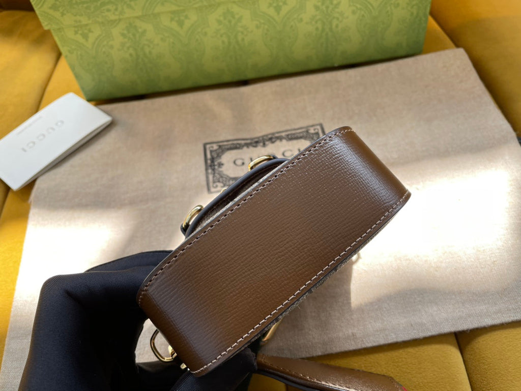 Gucci 12 Horsebit 1955 Super Mini Bag Beige Canvas and Ebony Calfskin