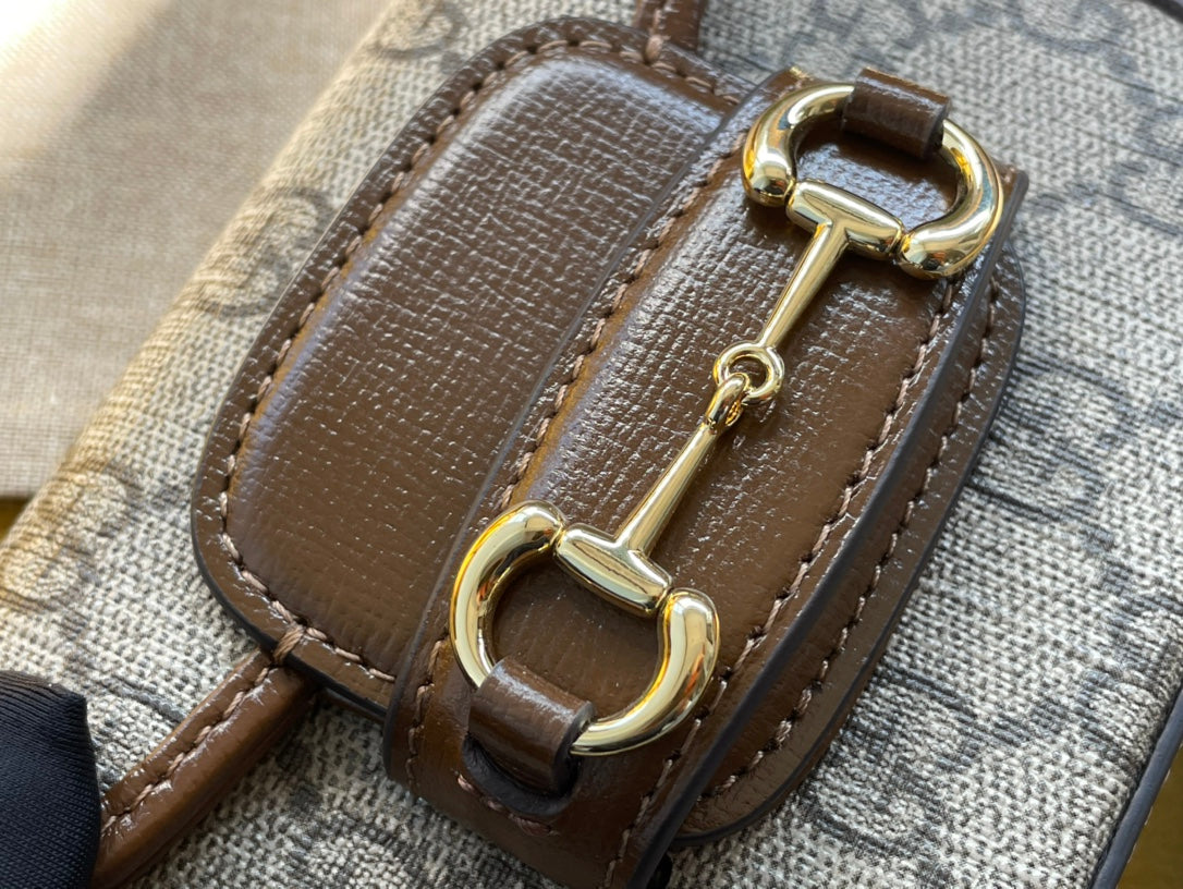 Gucci 12 Horsebit 1955 Super Mini Bag Beige Canvas and Ebony Calfskin