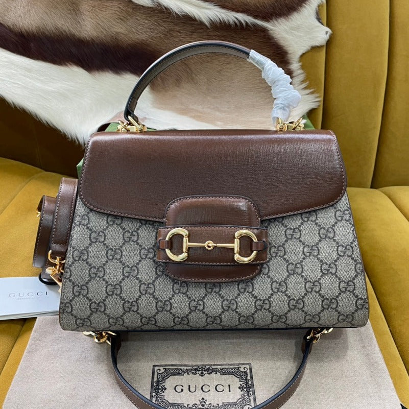 Gucci Horsebit 1955 Small 29 Bag Beige Canvas and Light Brown Calfskin