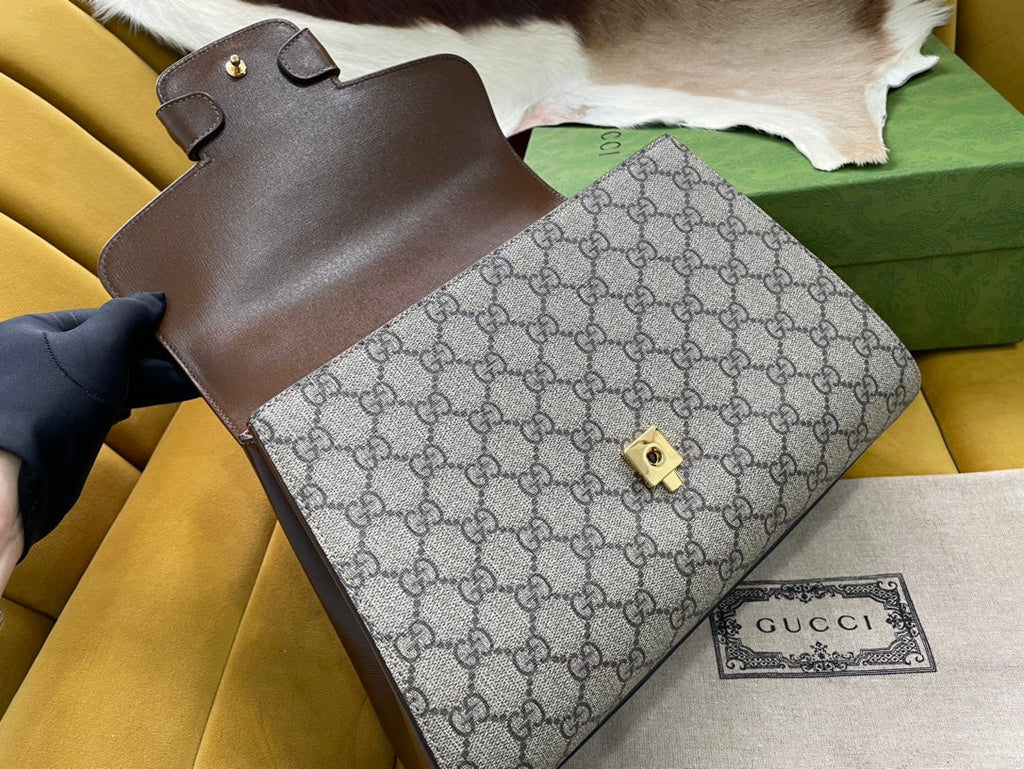 Gucci Horsebit 1955 Small 29 Bag Beige Canvas and Light Brown Calfskin