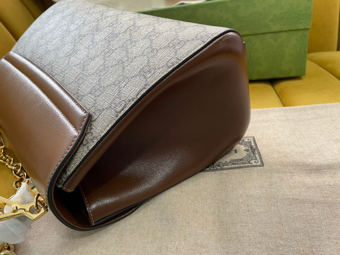 Gucci Horsebit 1955 Small 29 Bag Beige Canvas and Light Brown Calfskin