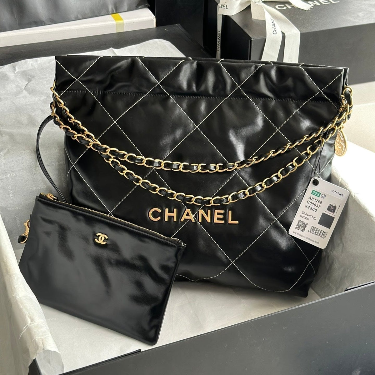 Chanel Medium 37 Handbag in Black Shiny Calfskin Gold Hardware