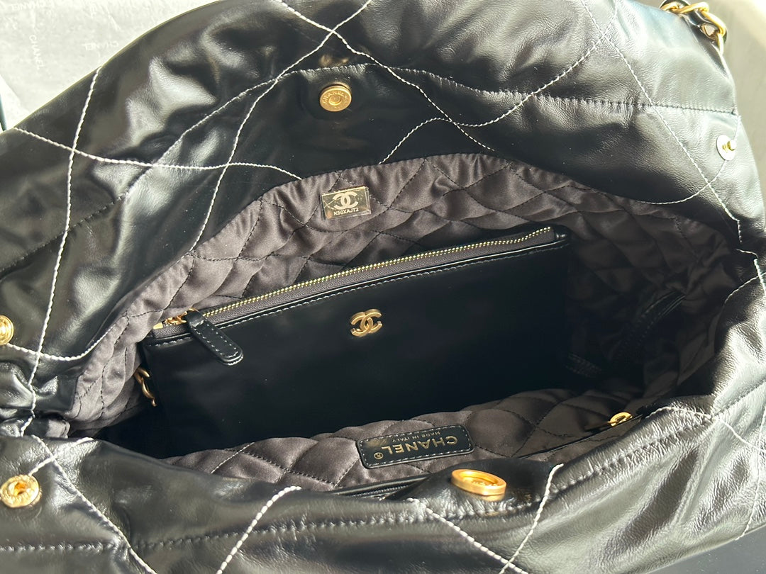 Chanel Medium 37 Handbag in Black Shiny Calfskin Gold Hardware
