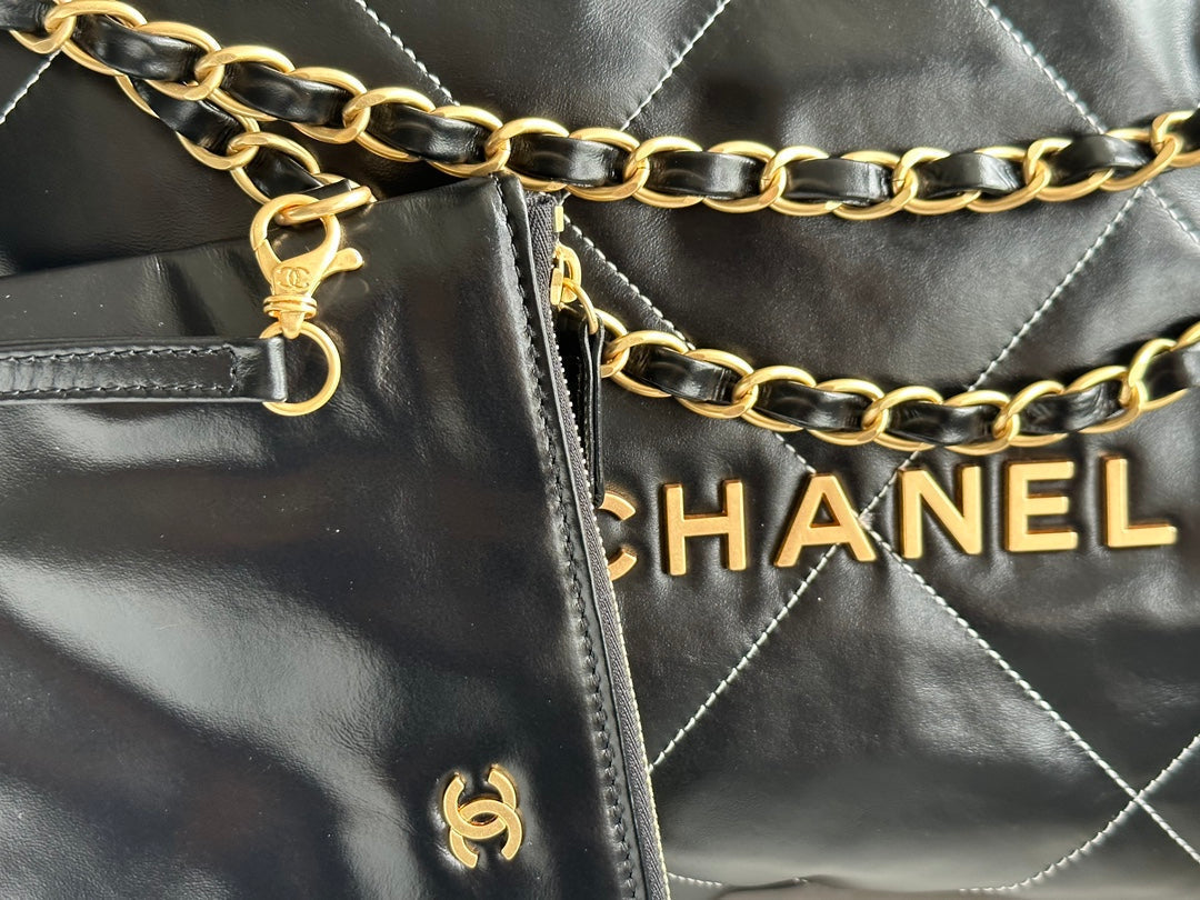 Chanel Medium 37 Handbag in Black Shiny Calfskin Gold Hardware