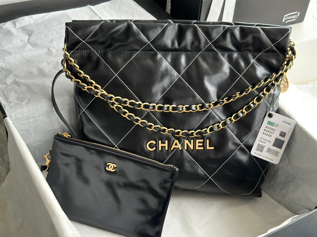 Chanel Medium 37 Handbag in Black Shiny Calfskin Gold Hardware