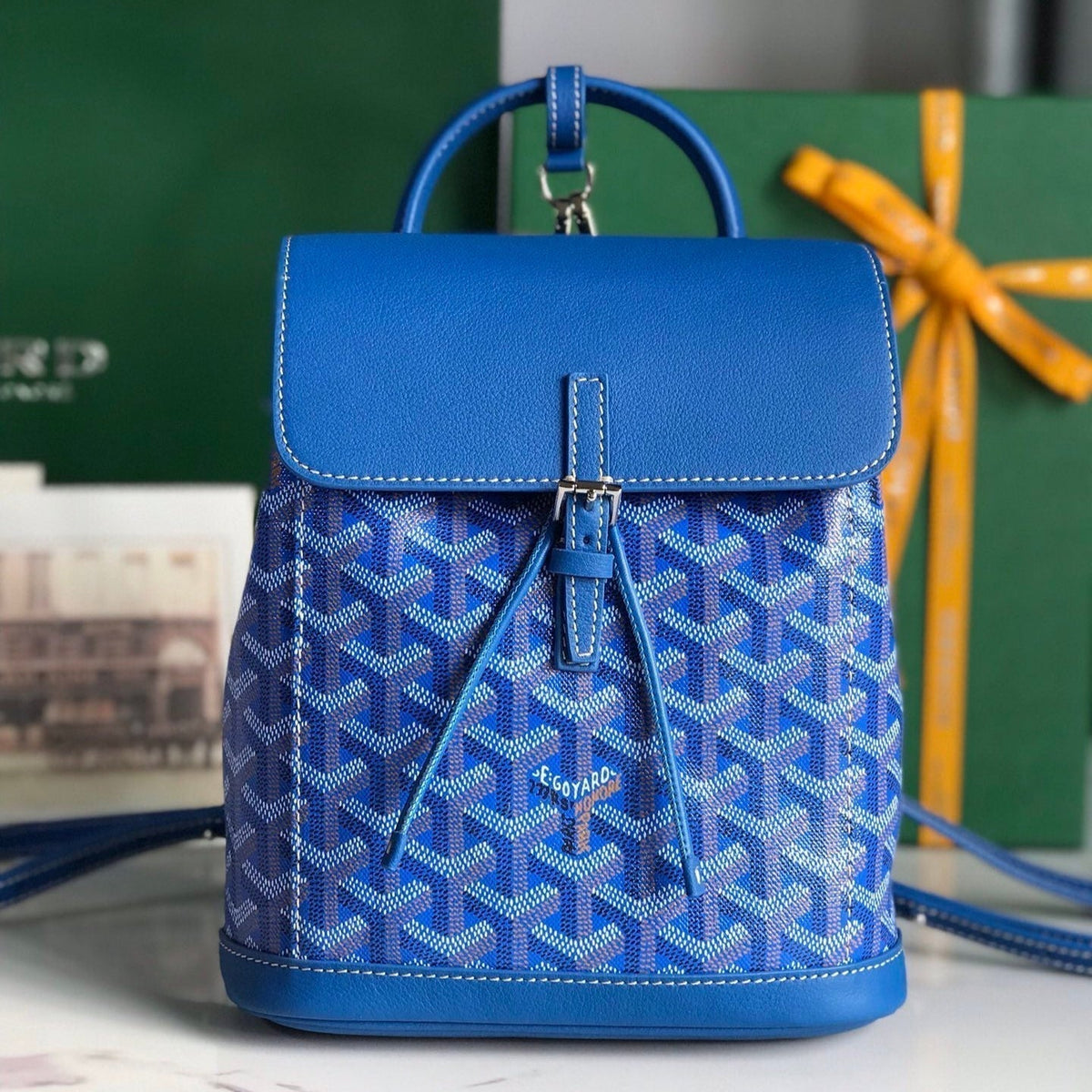 Goyard Alpin Mini Backpack 21 in Sapphire Blue Lambskin and Goyardine Canvas
