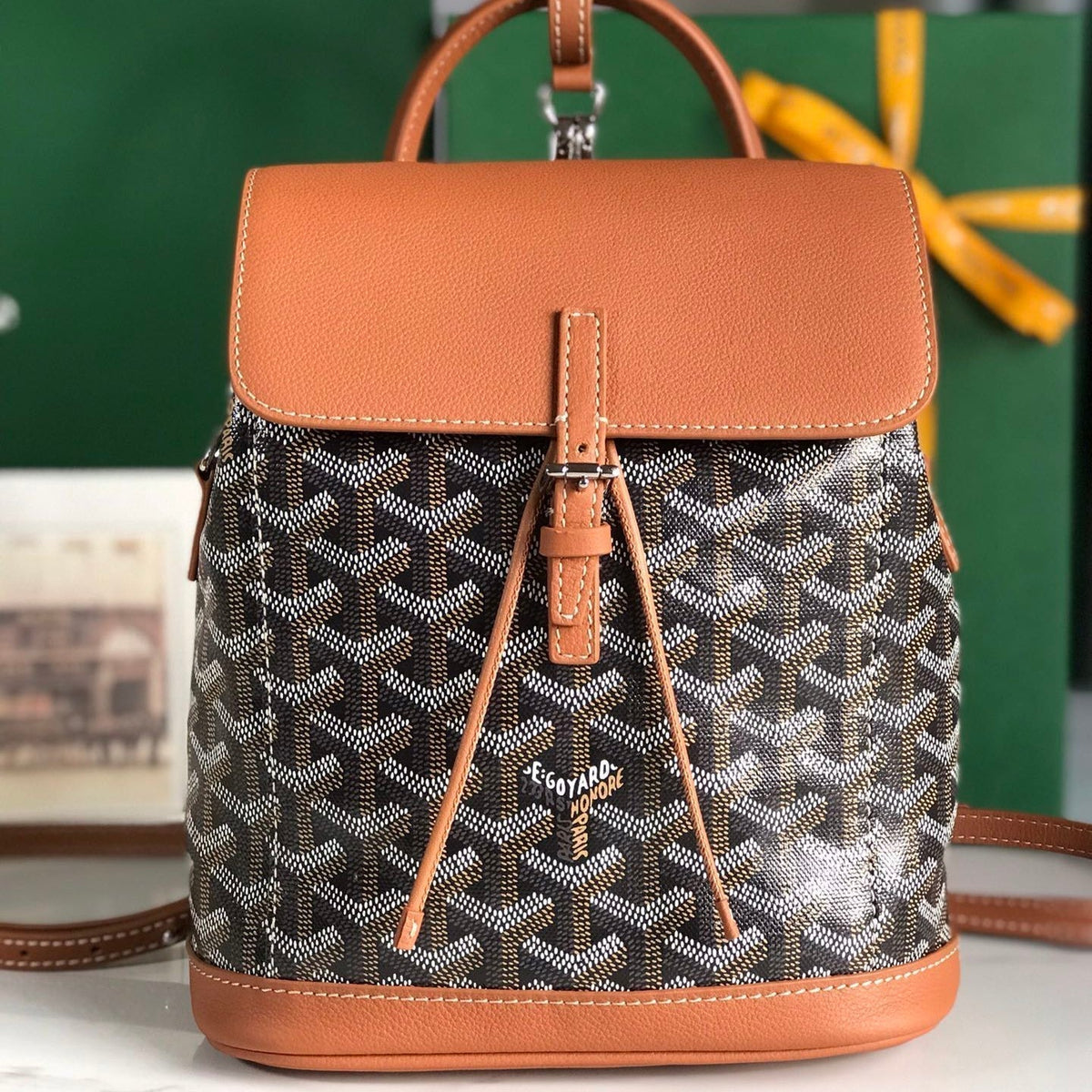 Goyard Alpin Mini Backpack 21 in Tan Lambskin and Black Goyardine Canvas