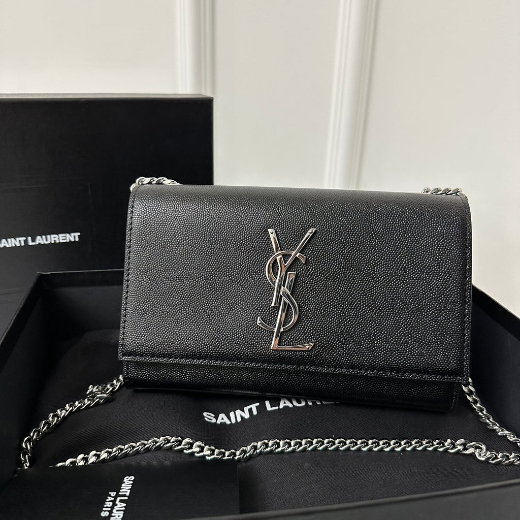 Saint Laurent Kate 20 Small in Calfskin Black with Silver Logo Bag