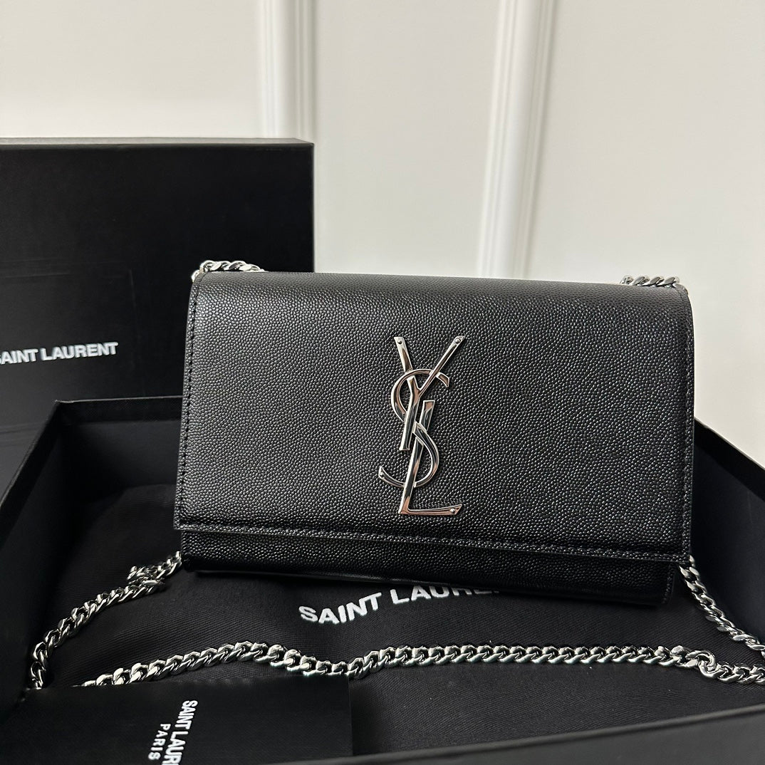 Saint Laurent Kate 20 Small in Calfskin Black with Silver Logo Bag