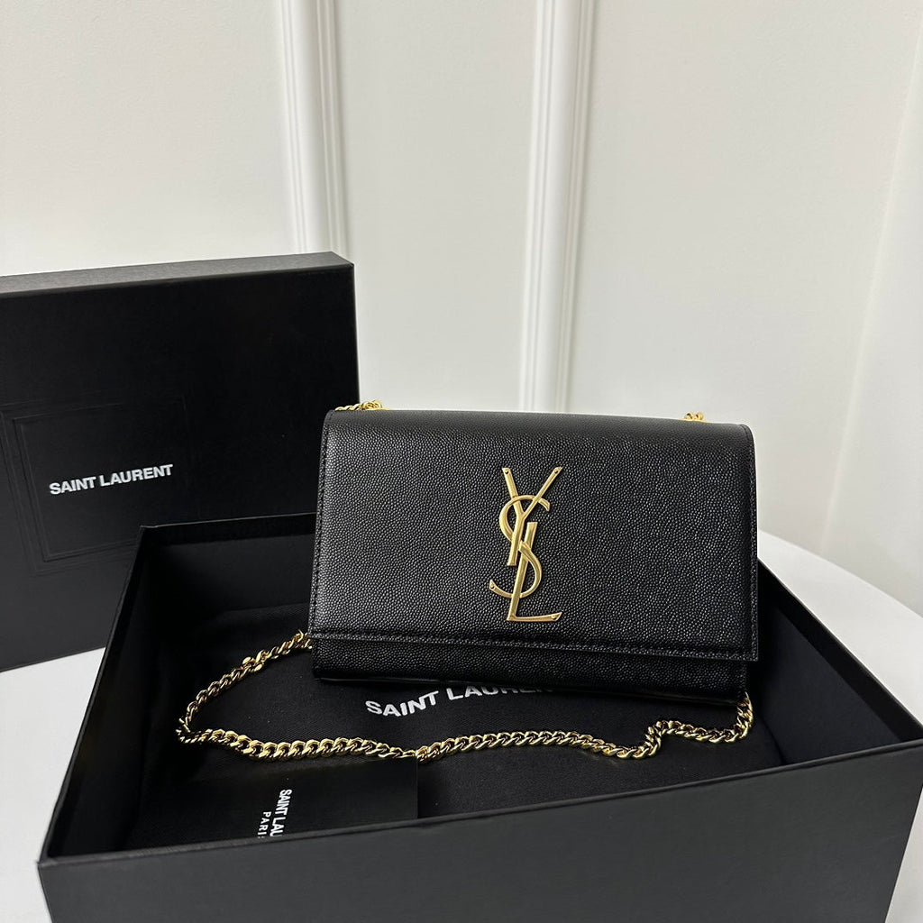 Saint Laurent Kate 20 Small in Calfskin Black with Gold Logo Bag