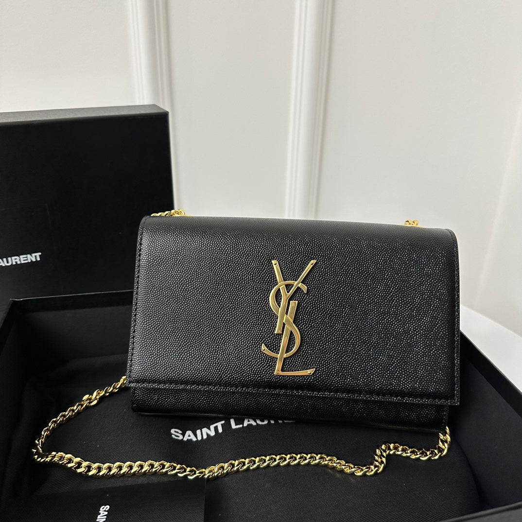 Saint Laurent Kate 20 Small in Calfskin Black with Gold Logo Bag