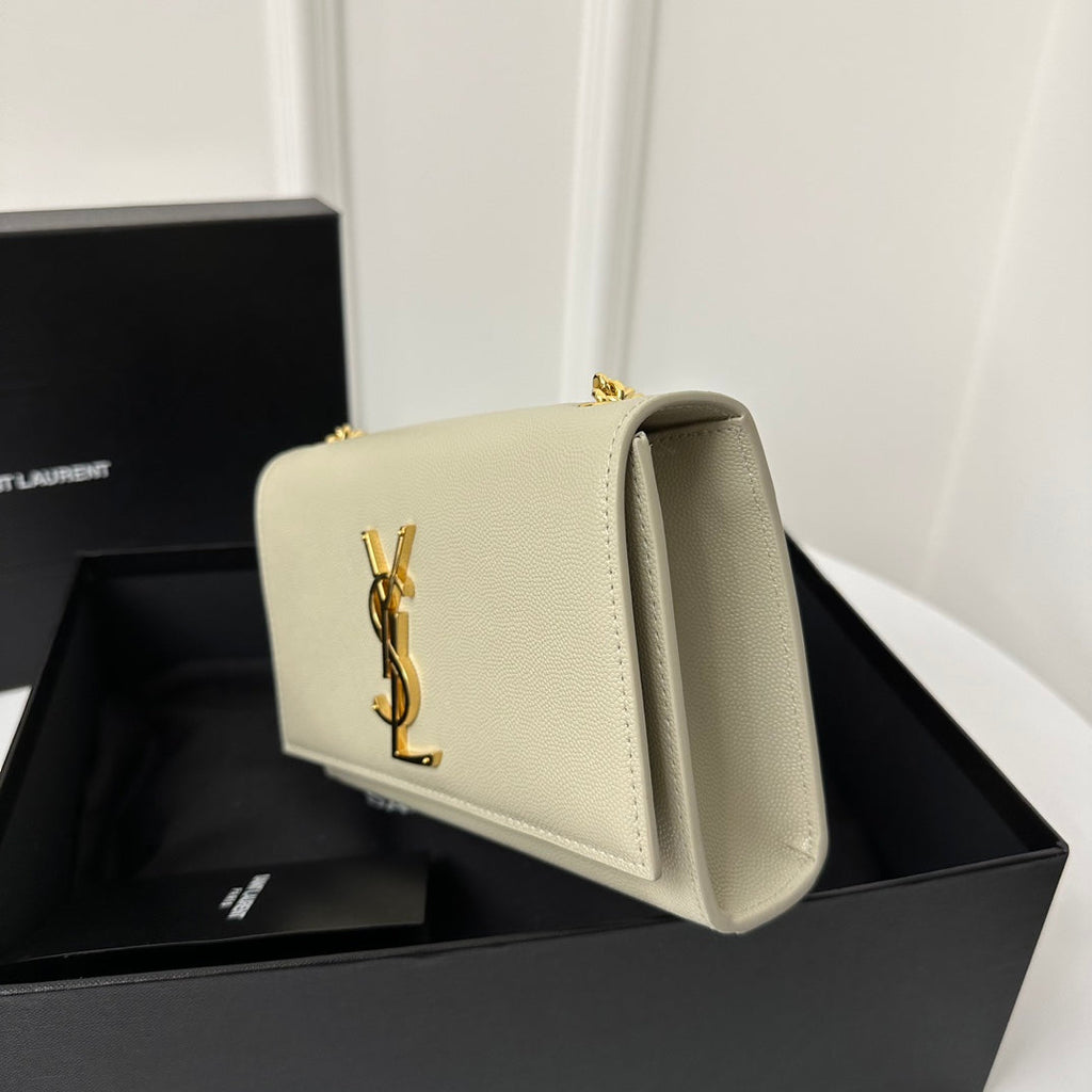 Saint Laurent Kate 20 Small in Calfskin White with Gold Logo Bag