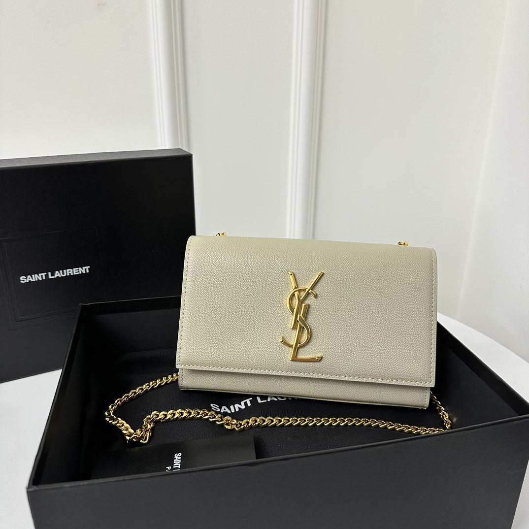 Saint Laurent Kate 20 Small in Calfskin White with Gold Logo Bag