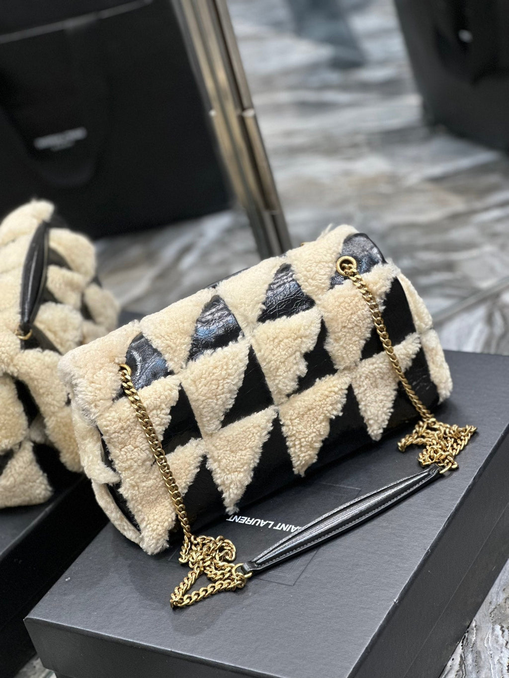 Saint Laurent Jamie Bag 25 in Black Calfskin Mix Beige Shearling Gold Hardware