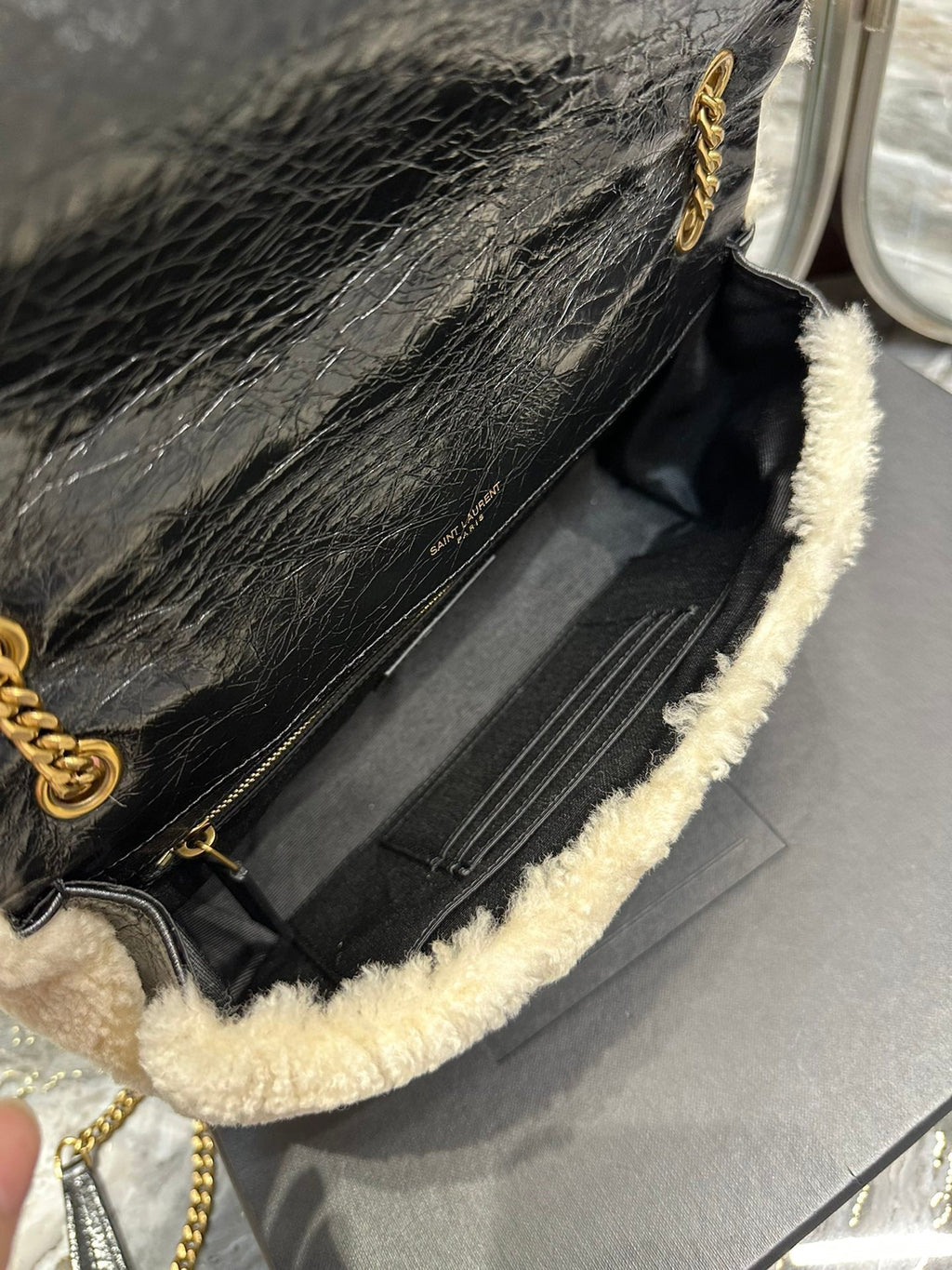 Saint Laurent Jamie Bag 25 in Black Calfskin Mix Beige Shearling Gold Hardware