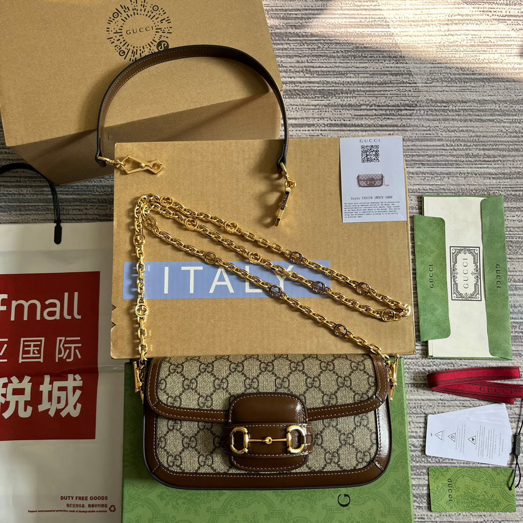 Gucci Horsebit 1955 Bag 24 in Beige Canvas and Brown Calfskin