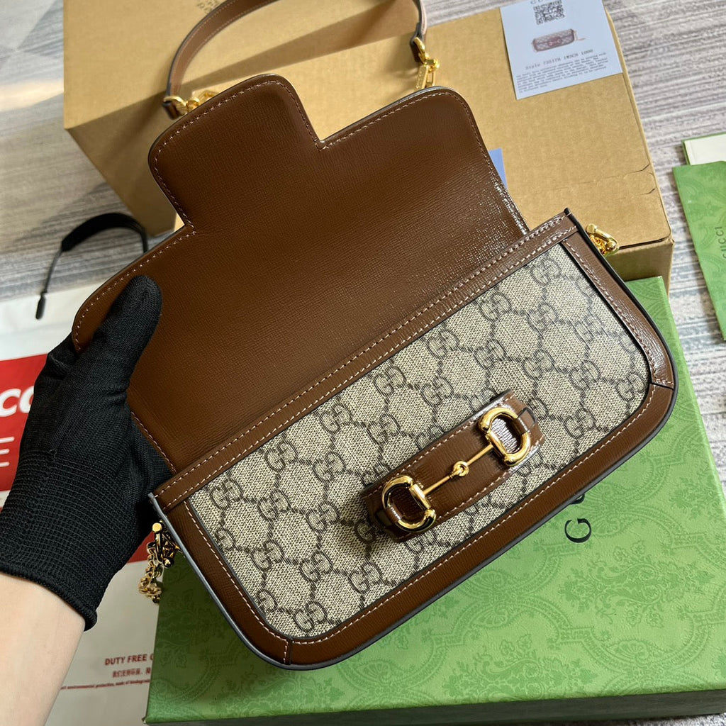 Gucci Horsebit 1955 Bag 24 in Beige Canvas and Brown Calfskin