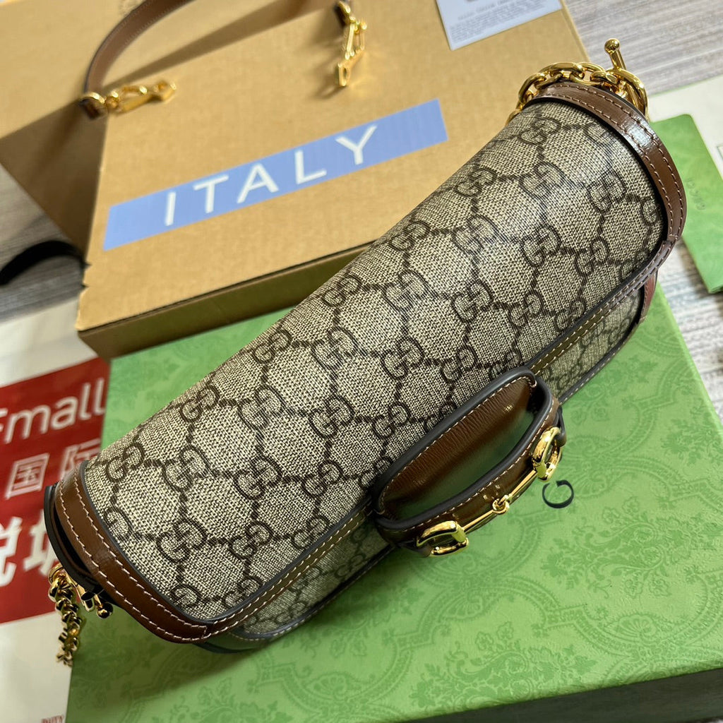 Gucci Horsebit 1955 Bag 24 in Beige Canvas and Brown Calfskin