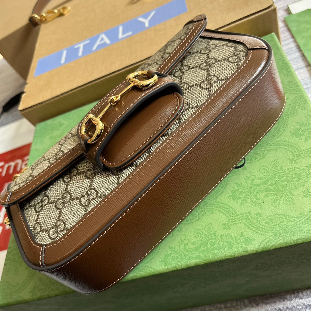 Gucci Horsebit 1955 Bag 24 in Beige Canvas and Brown Calfskin