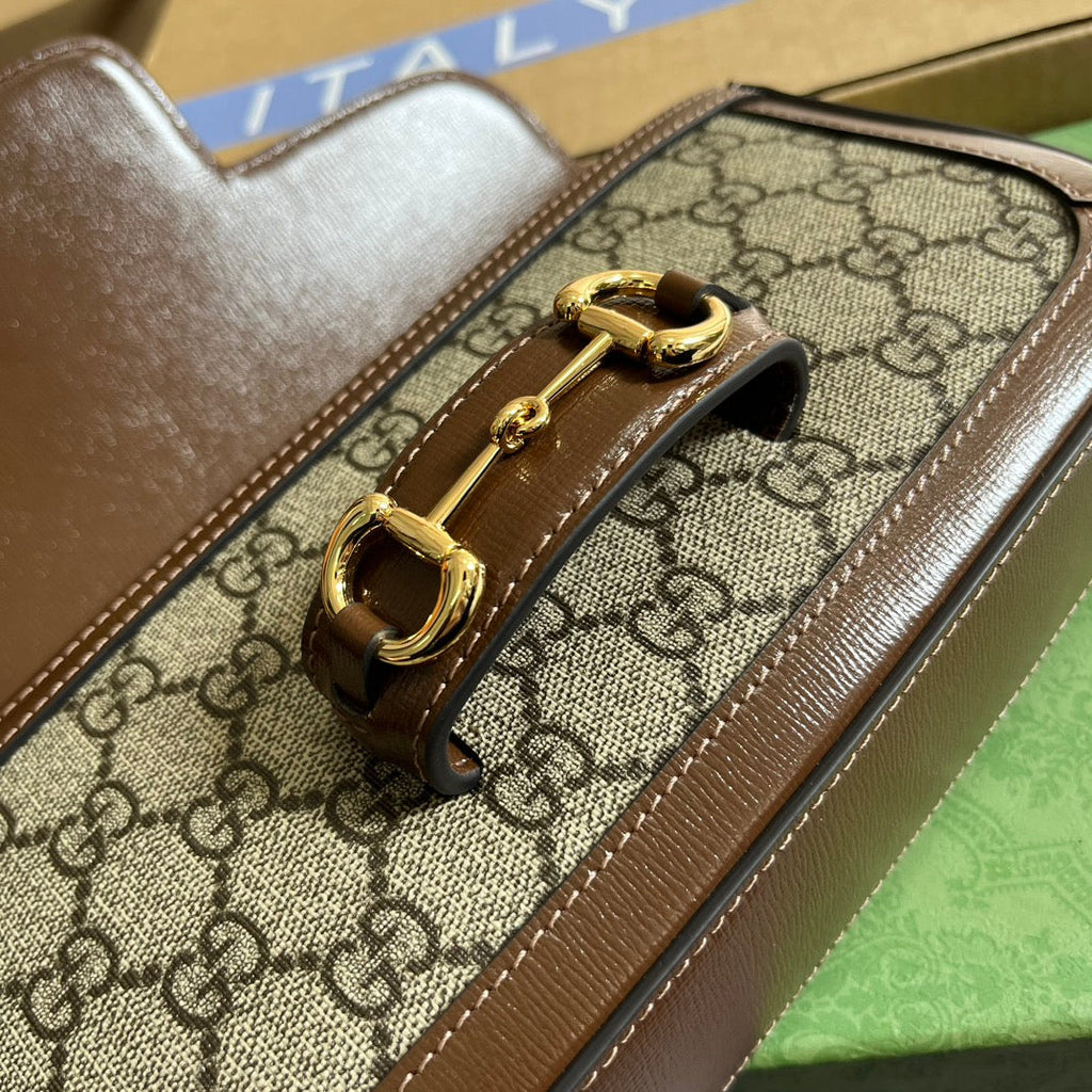 Gucci Horsebit 1955 Bag 24 in Beige Canvas and Brown Calfskin