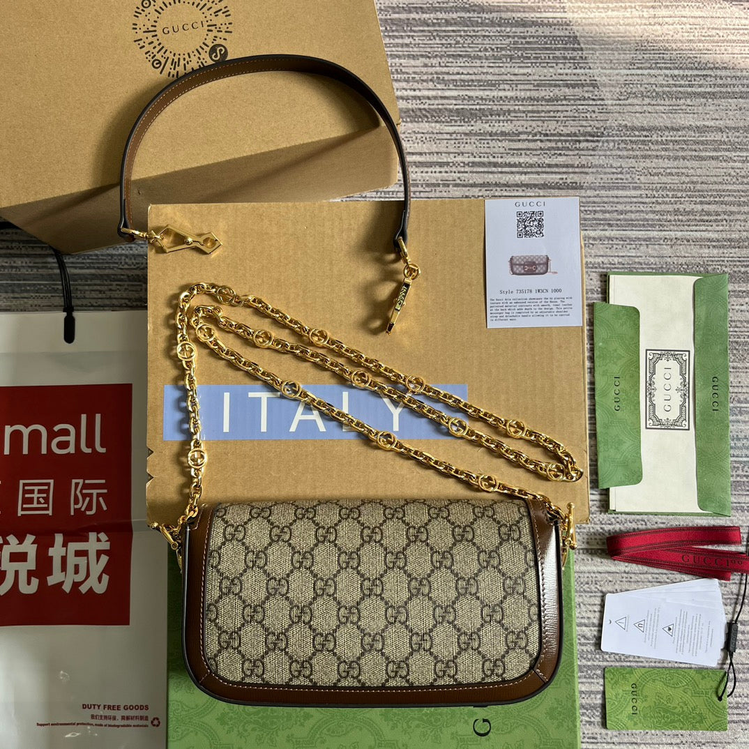 Gucci Horsebit 1955 Bag 24 in Beige Canvas and Brown Calfskin