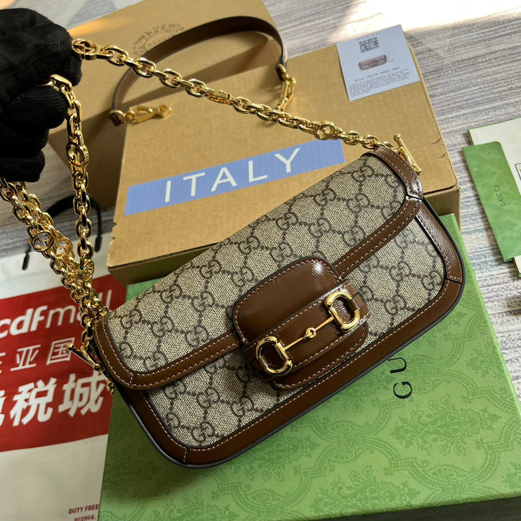 Gucci Horsebit 1955 Bag 24 in Beige Canvas and Brown Calfskin