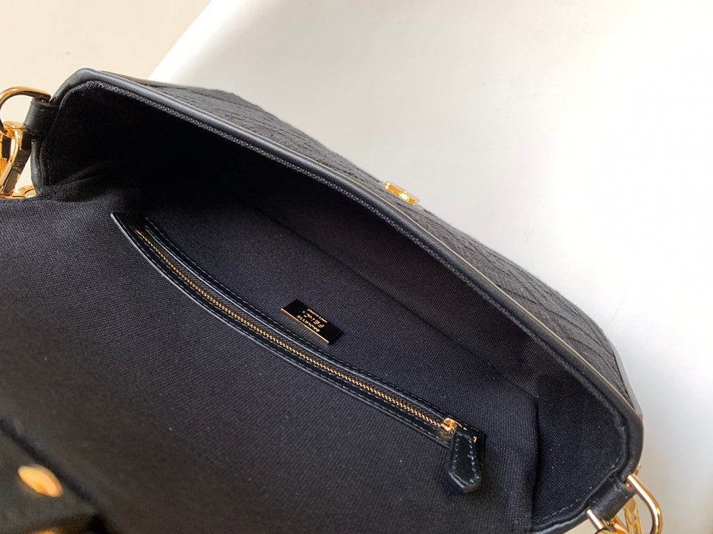 Fend Baguette Black Canvas Bag 27 with Ff Embroidery Ghw