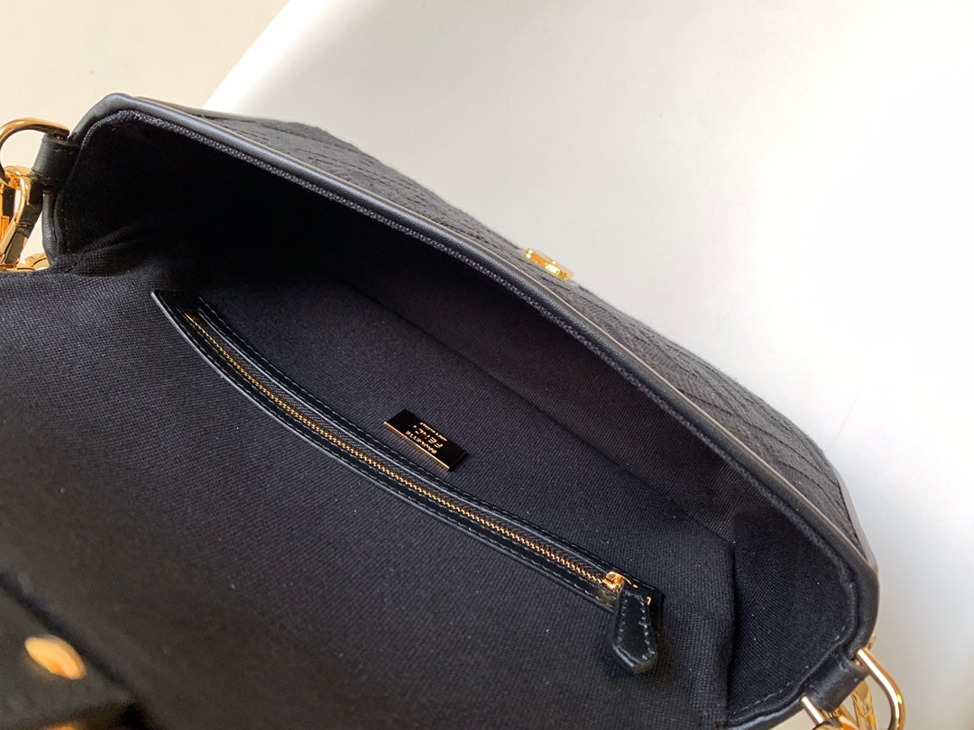 Fend Baguette Black Canvas Bag 27 with Ff Embroidery Ghw