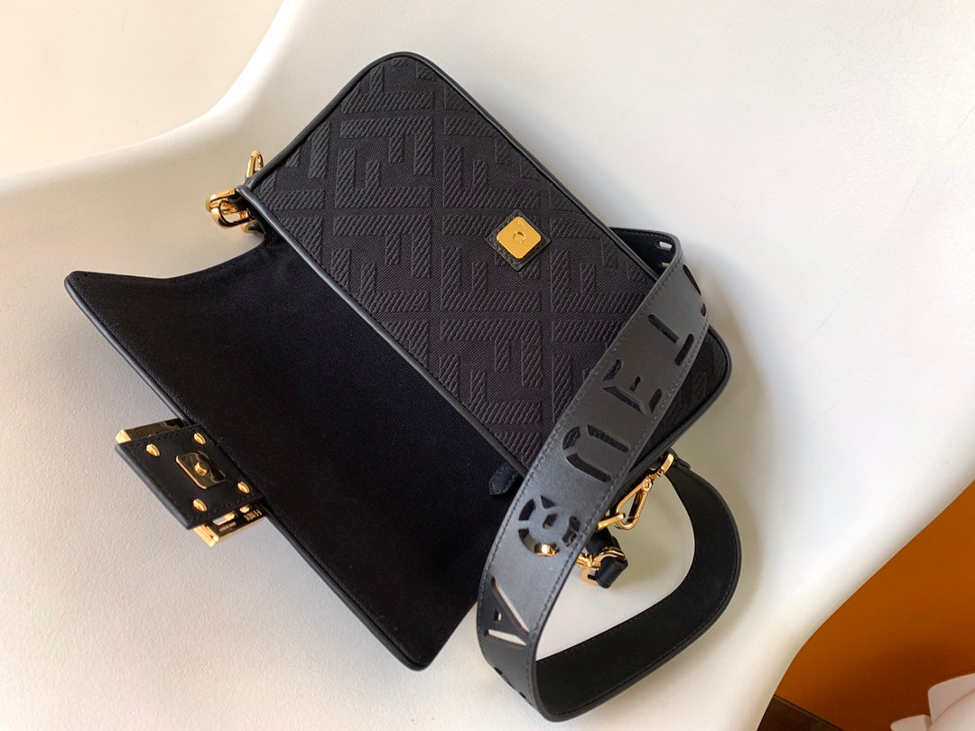 Fend Baguette Black Canvas Bag 27 with Ff Embroidery Ghw