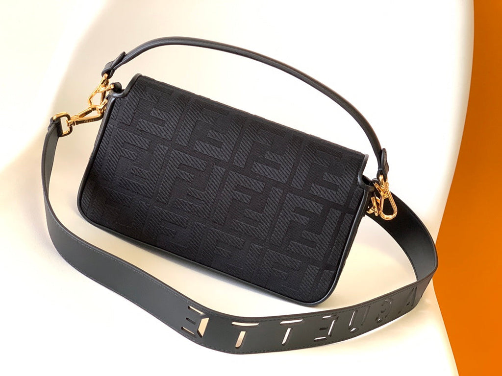 Fend Baguette Black Canvas Bag 27 with Ff Embroidery Ghw
