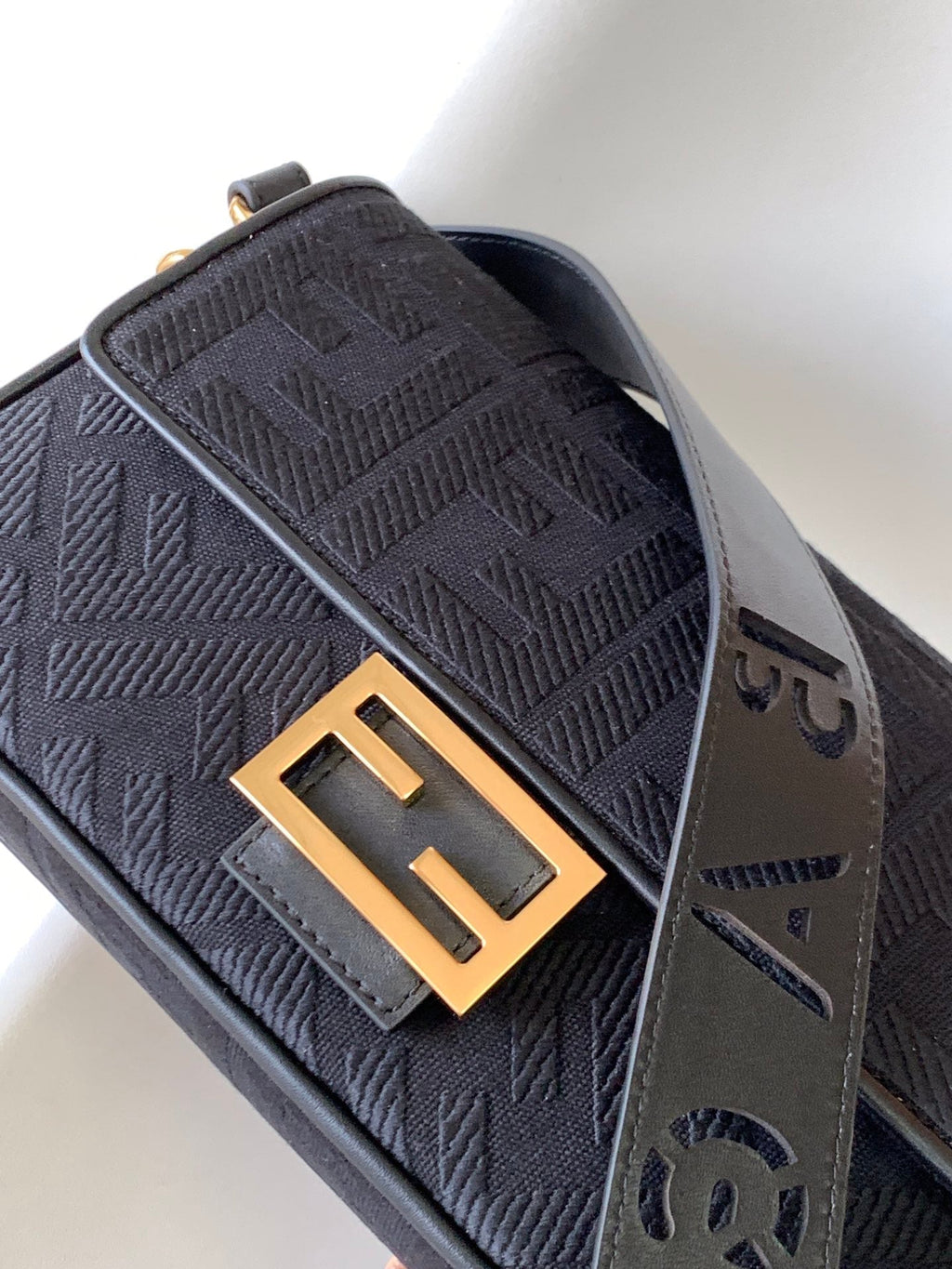 Fend Baguette Black Canvas Bag 27 with Ff Embroidery Ghw