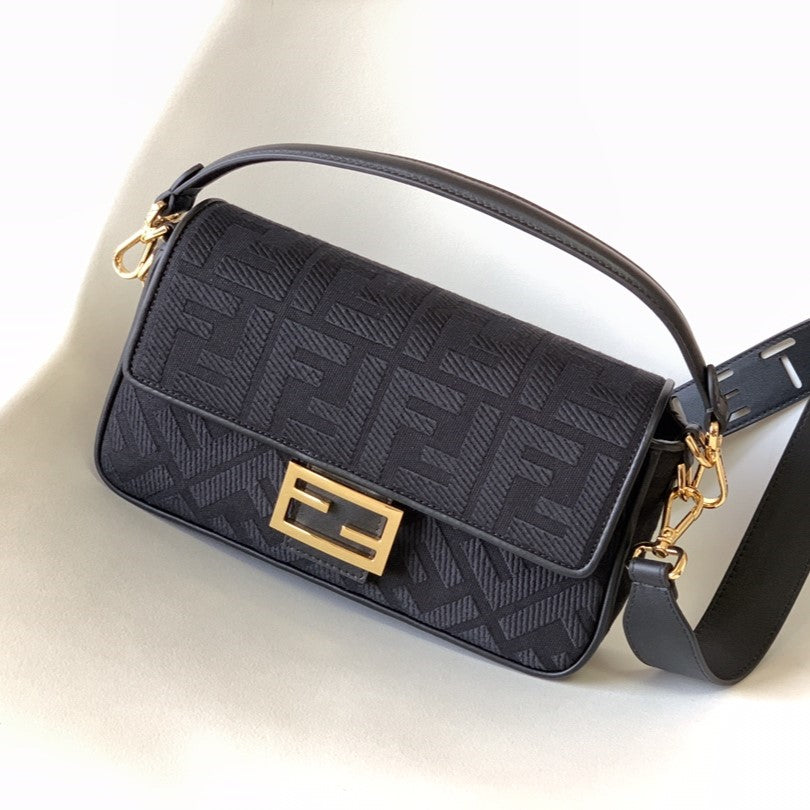 Fend Baguette Black Canvas Bag 27 with Ff Embroidery Ghw