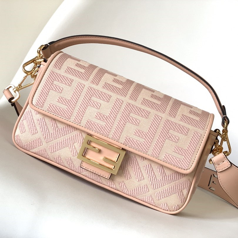 Fend Baguette Pink Canvas Bag 27 with Ff Embroidery Ghw