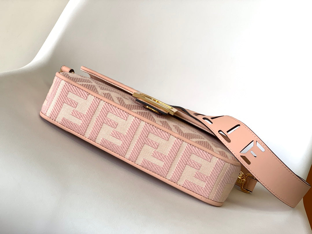 Fend Baguette Pink Canvas Bag 27 with Ff Embroidery Ghw