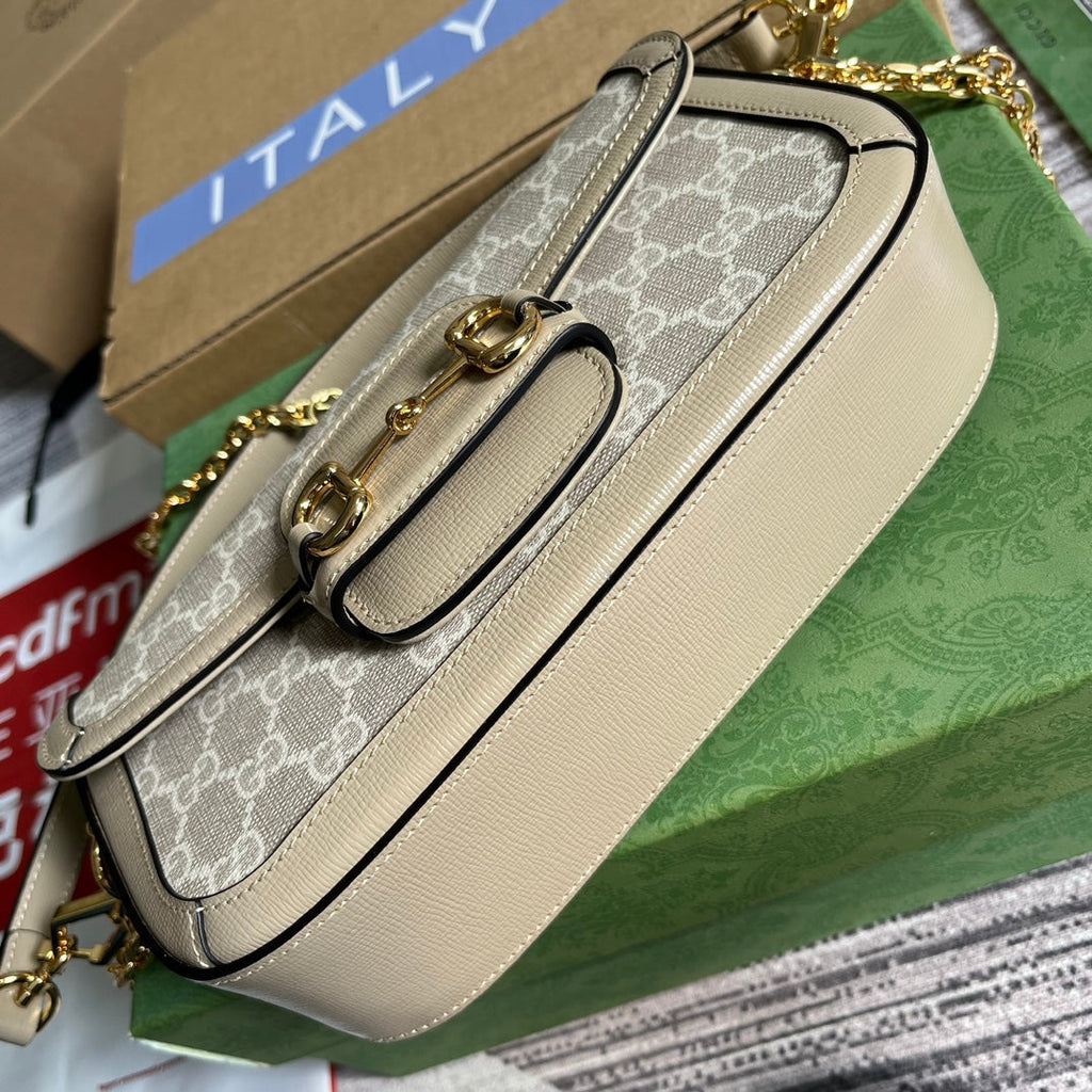 Gucci Horsebit 1955 Bag 24 in White Canvas and Beige Calfskin